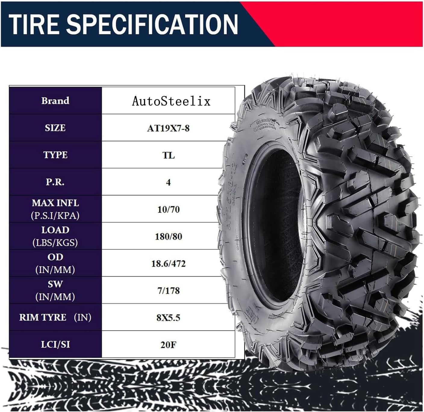 Set of 4 ATV Tires, 19X7-8 Front & 18X9.5-8 Rear ATV UTV All-Terrain Tires Off-Road Tires Mud Trail Tires, 6 PR, Tubeless