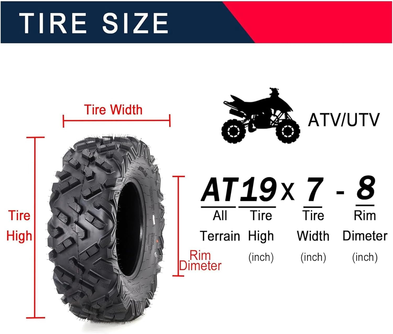 Set of 4 ATV Tires, 19X7-8 Front & 18X9.5-8 Rear ATV UTV All-Terrain Tires Off-Road Tires Mud Trail Tires, 6 PR, Tubeless