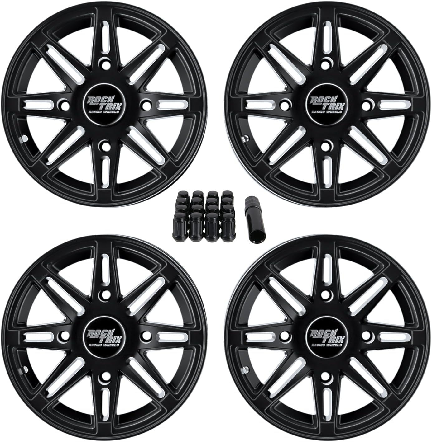 RT103 12In ATV Wheels 4X156 Rims, 12X7, 4+3 Offset, Includes 3/8X24 Spline Lug Nuts, Compatible with Polaris Sportsman RZR Ranger UTV - 4/156 (Set of 4)