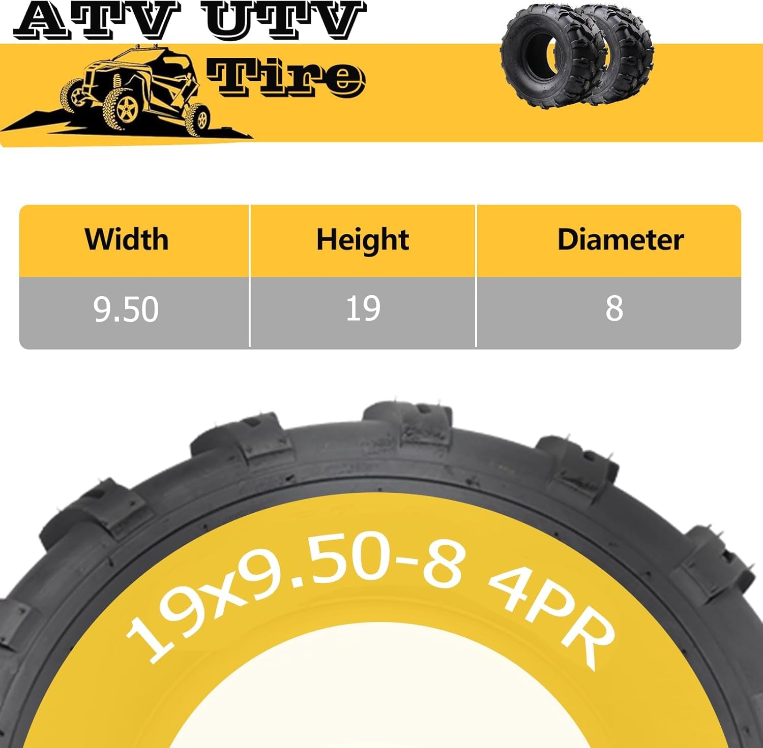 Set of 2 ATV Tires All-Terrain Tires 19X9.5-8 4PR ATV UTV Trail Sand Mud Off-Road Tires Tubeless