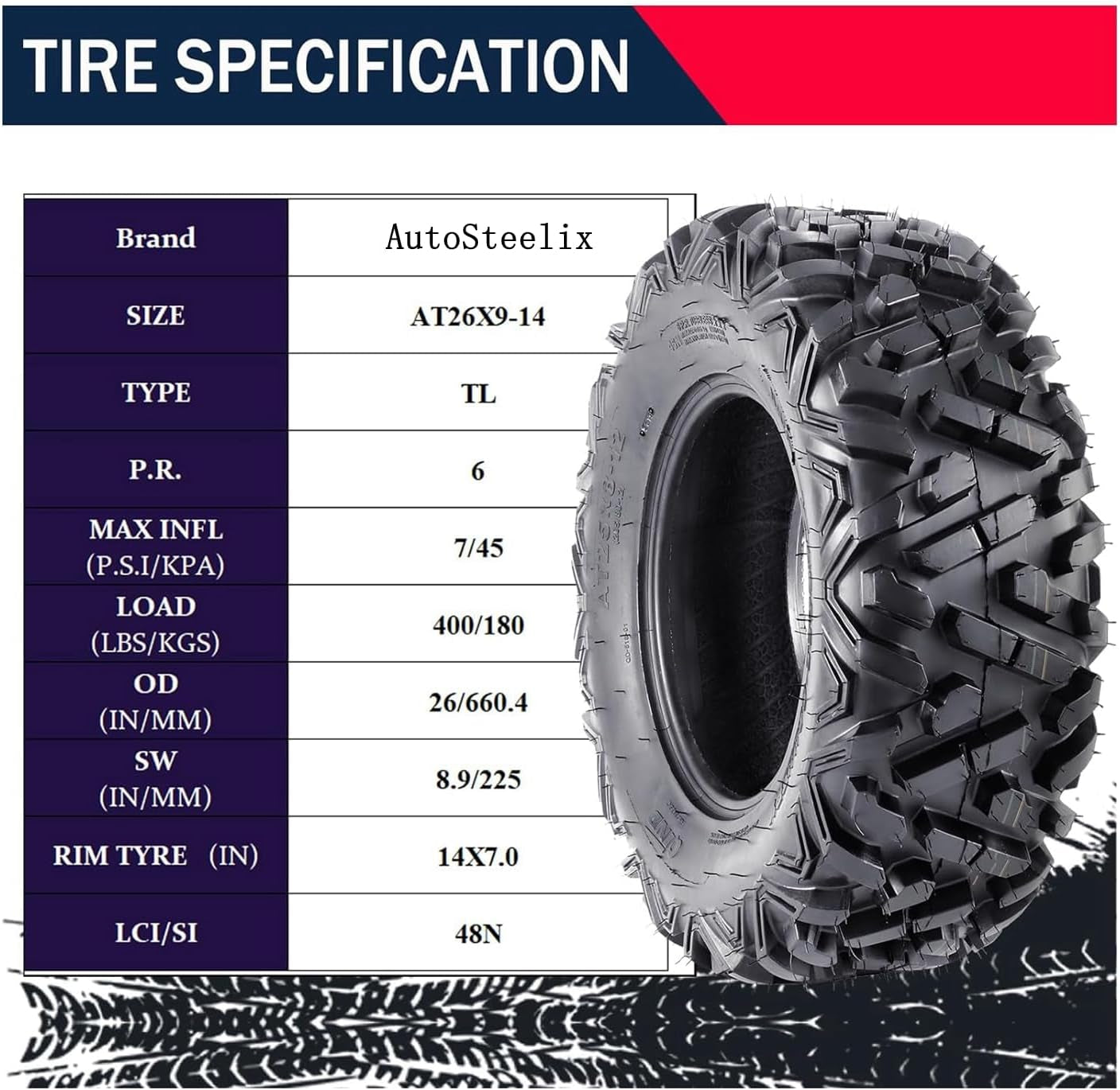 Set of 4 ATV Tires, 26X9-14 Front & 26X11-14 Rear ATV UTV All-Terrain Tires Off-Road Tires Mud Trail Tires, 6 PR, Tubeless