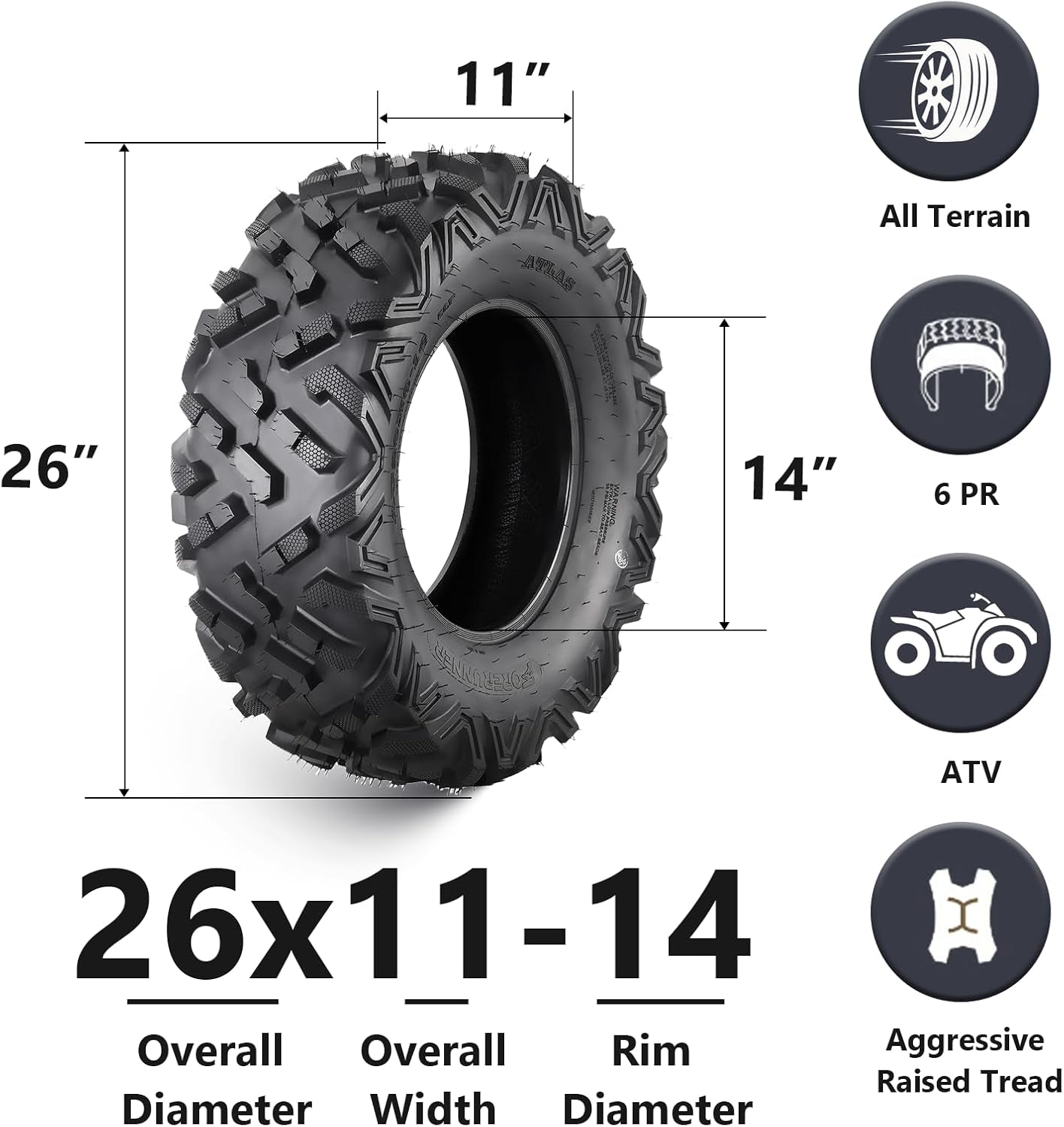 Set of 4 ATV/UTV All-Terrain Tires - 26X9-14 Front & 26X11-14 Rear, 6-Ply, Tubeless