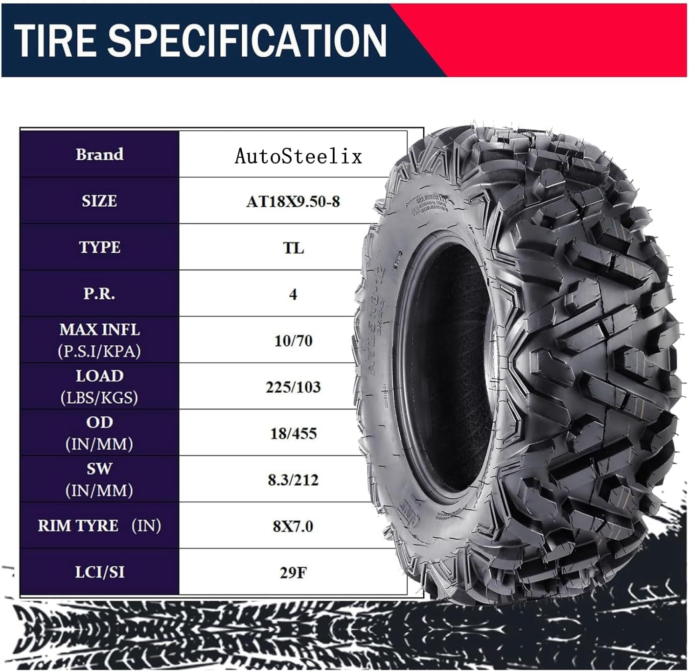 Set of 4 ATV Tires, 19X7-8 Front & 18X9.5-8 Rear ATV UTV All-Terrain Tires Off-Road Tires Mud Trail Tires, 6 PR, Tubeless