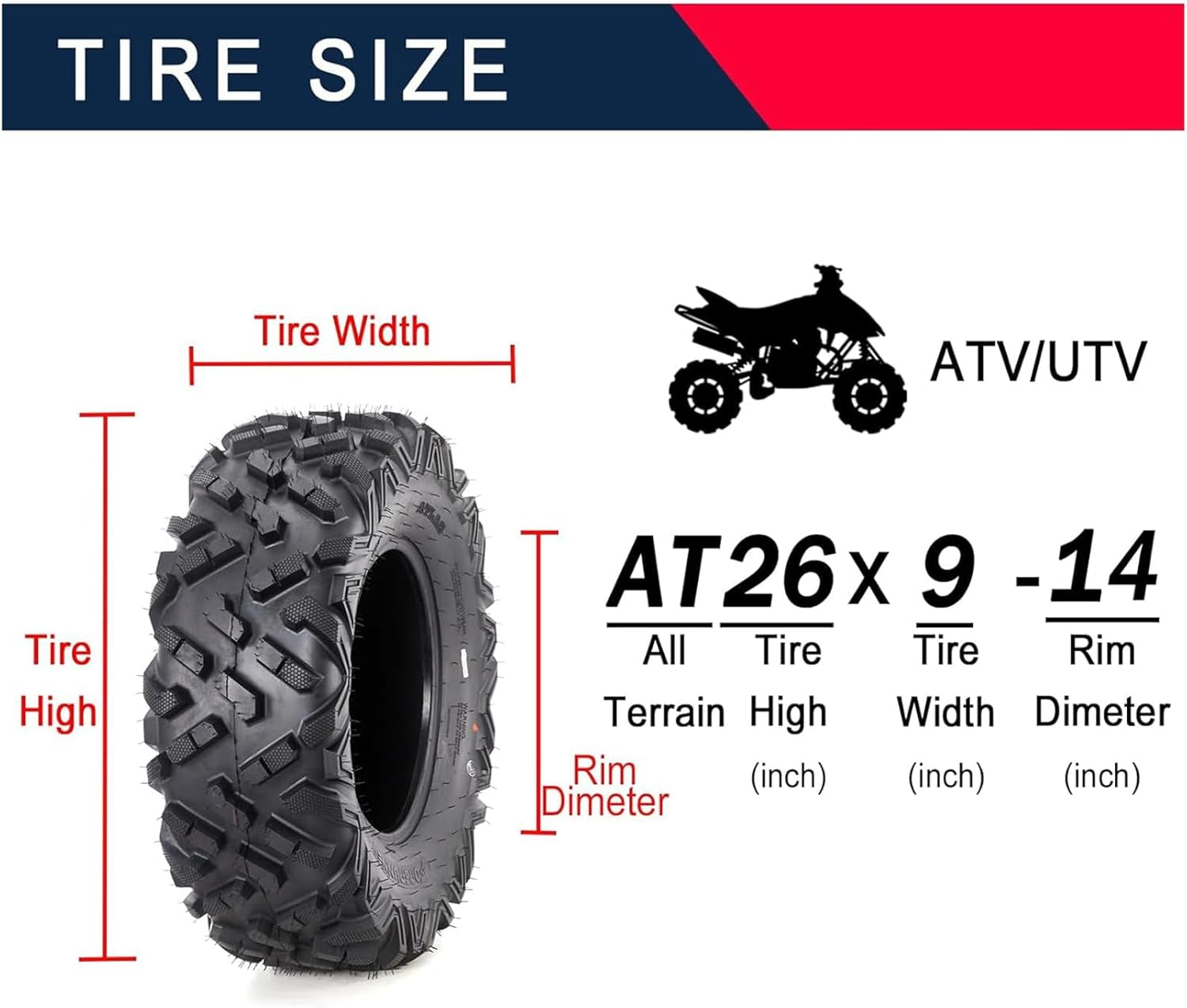 Set of 4 ATV Tires, 26X9-14 Front & 26X11-14 Rear ATV UTV All-Terrain Tires Off-Road Tires Mud Trail Tires, 6 PR, Tubeless