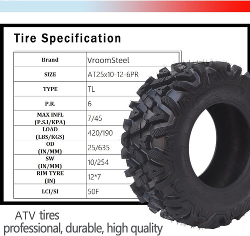 25X10-12 ATV Tires Set of 2 UTV Tires 6PR All-Terrain ATV/UTV Tires, Off-Road Tires, Tubeless