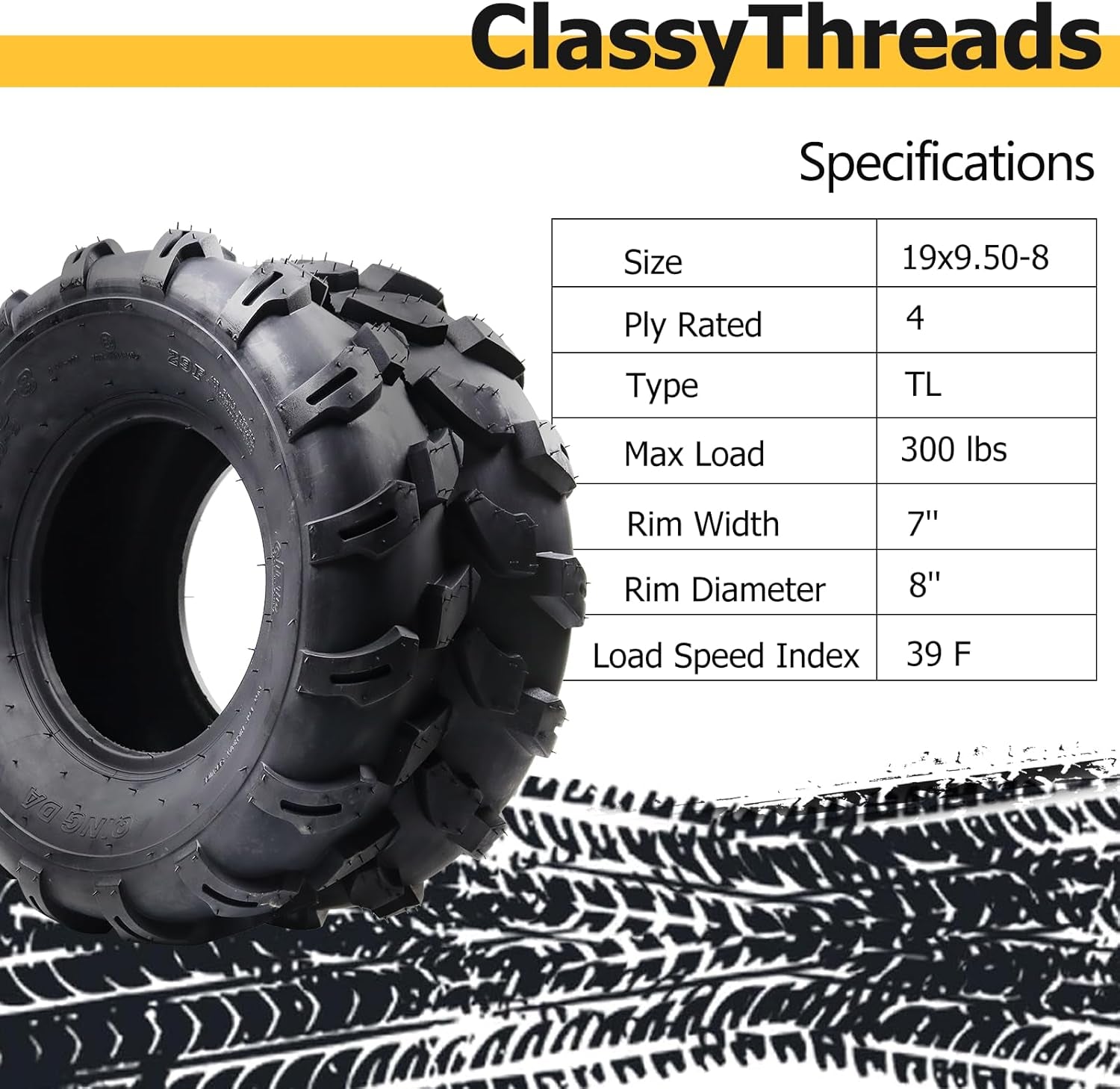 Set of 2 ATV Tires All-Terrain Tires 19X9.5-8 4PR ATV UTV Trail Sand Mud Off-Road Tires Tubeless