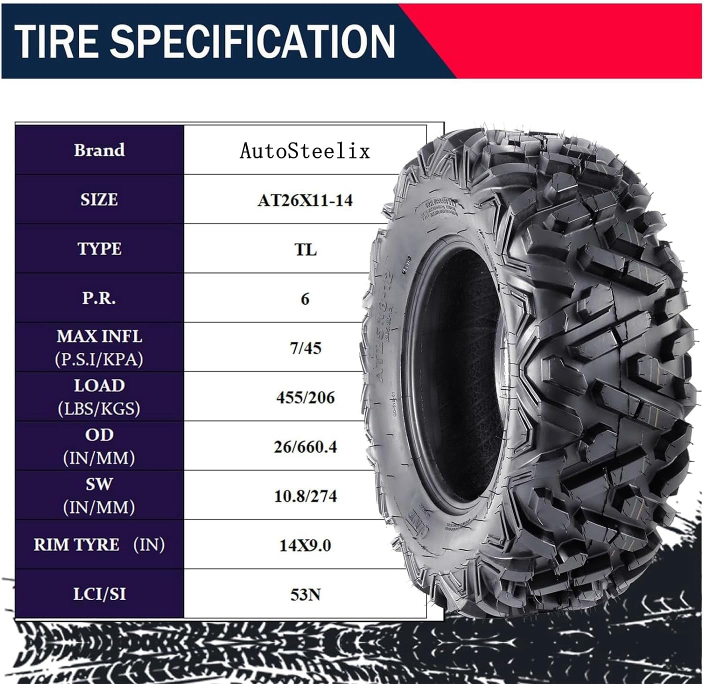 Set of 4 ATV Tires, 26X9-14 Front & 26X11-14 Rear ATV UTV All-Terrain Tires Off-Road Tires Mud Trail Tires, 6 PR, Tubeless