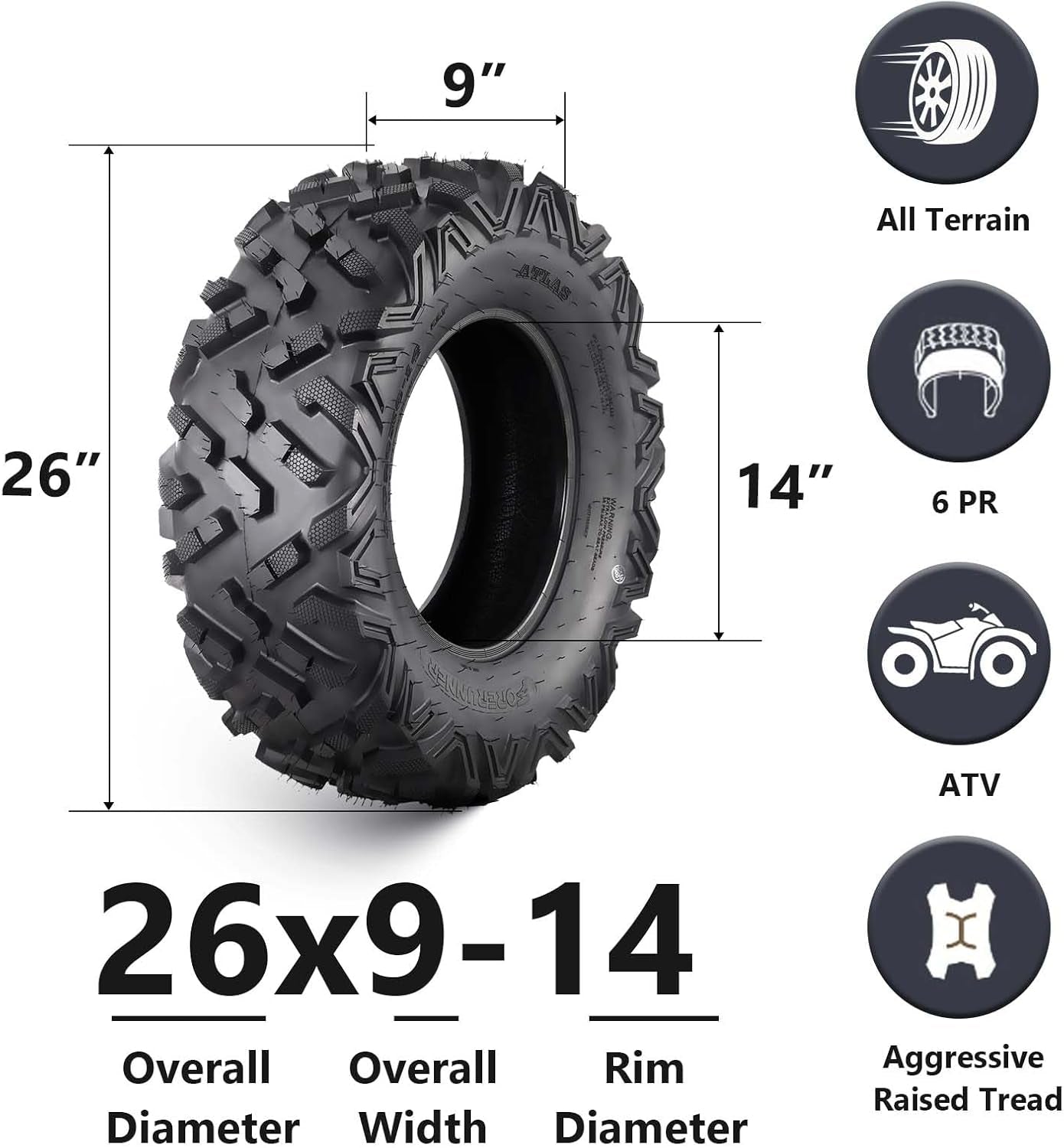 26X9-14 ATV Tire, 6PR, ATV/UTV Tires, All-Terrain Tires, Mud/Trail Tires, Set of 2