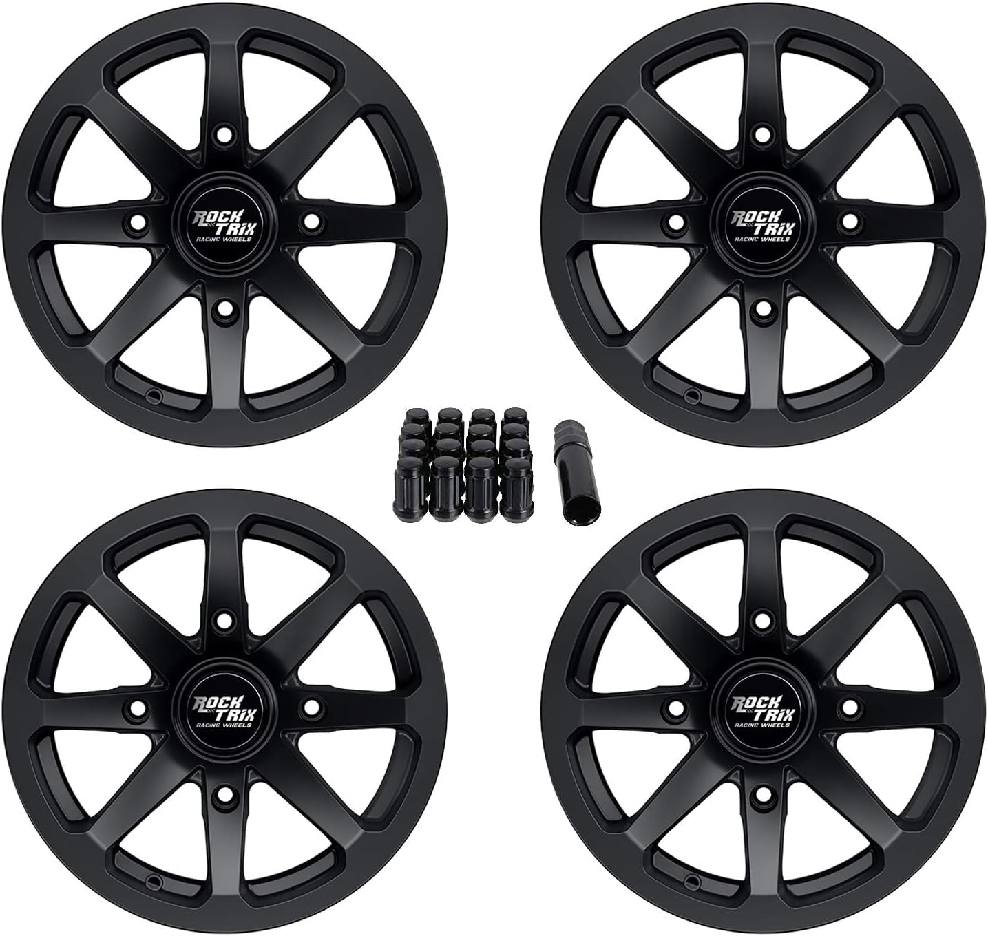 RT102 14In ATV Wheels 4X110 14X7 5+2 Offset, Includes M10X1.25 Lug Nuts, Compatible with Honda Kawasaki Yamaha Rubicon Rincon Brute Force Kodiak Grizzly Rhino IRS 4/110 UTV Rims (Set of 4)