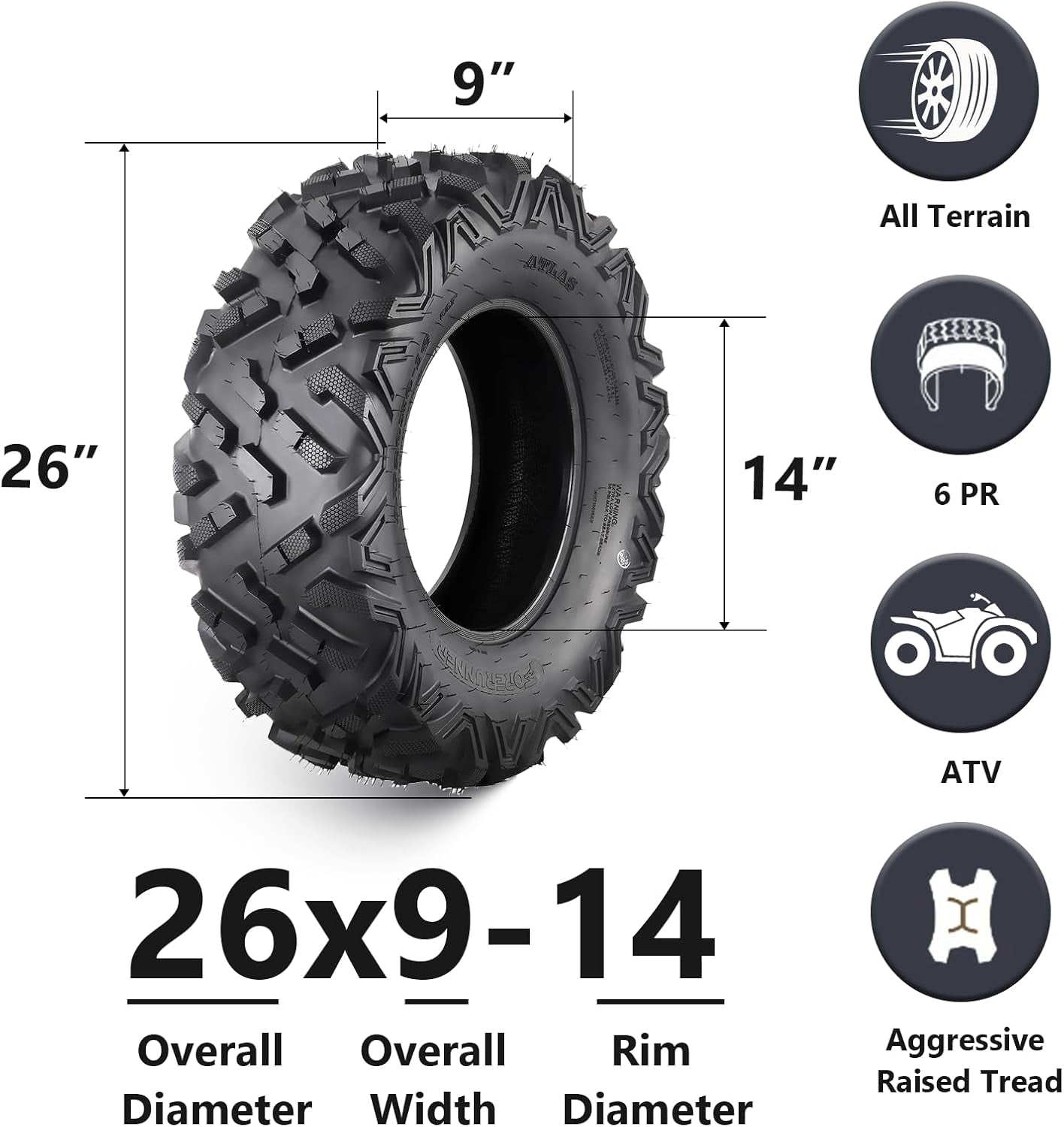 Set of 4 ATV/UTV All-Terrain Tires - 26X9-14 Front & 26X11-14 Rear, 6-Ply, Tubeless