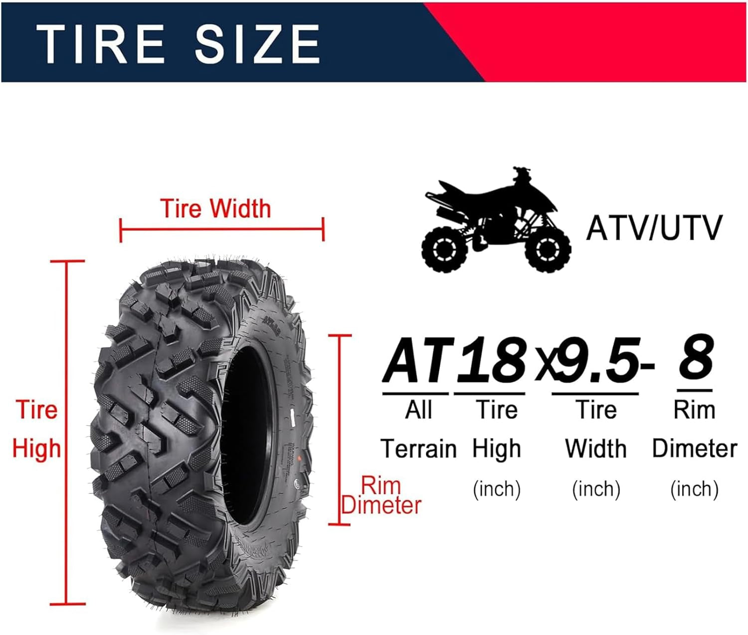 Set of 4 ATV Tires, 19X7-8 Front & 18X9.5-8 Rear ATV UTV All-Terrain Tires Off-Road Tires Mud Trail Tires, 6 PR, Tubeless